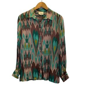 Dixie Collection Italy Women’s Artsy Abstract Colorful Button Front Satin Blouse